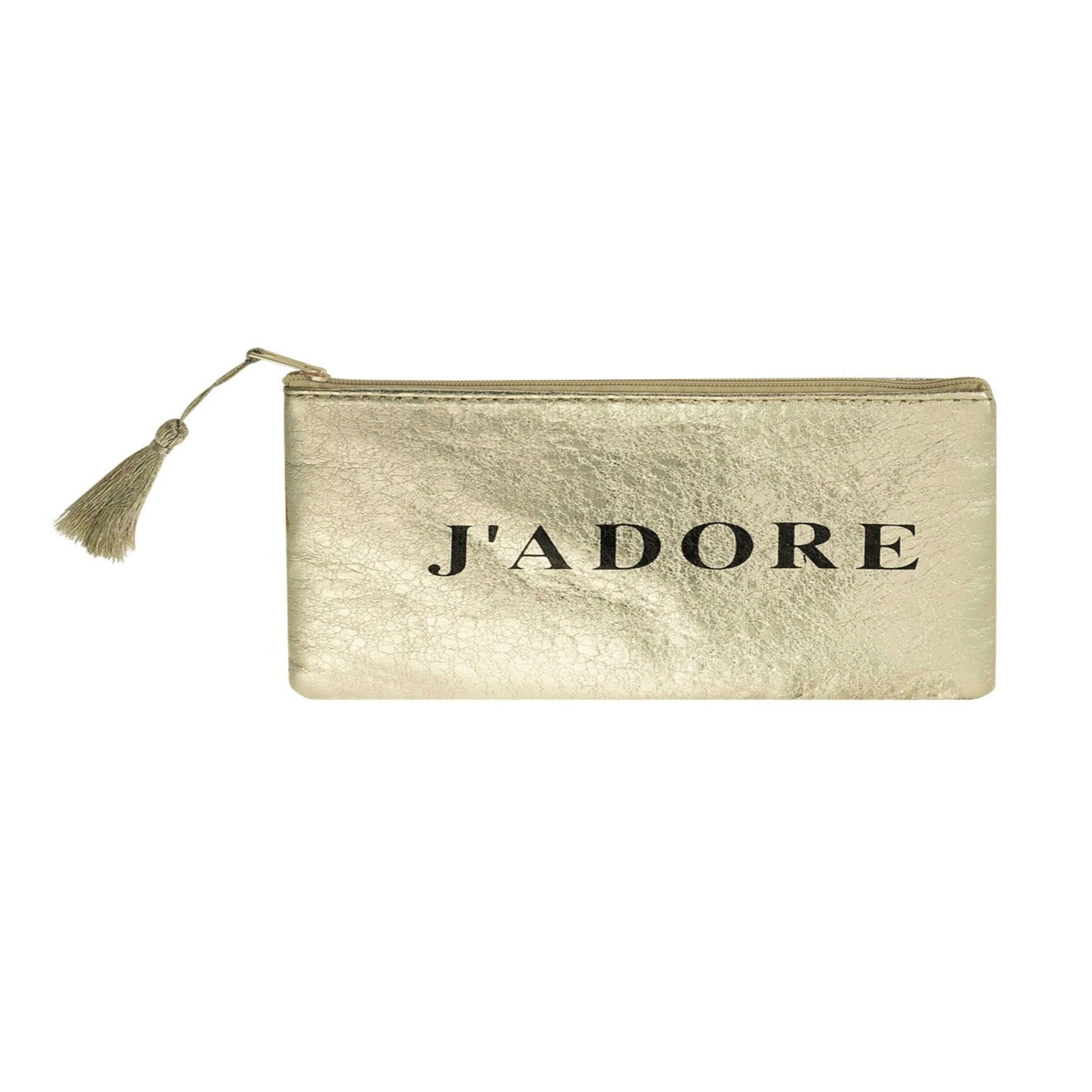 Glänzende Gold-Kosmetiktasche mit elegantem 'J'adore' Aufdruck, perfekt für Lippenstifte, Parfümflaschen und Beauty-Accessoires in der Handtasche oder als Handtäschchen.