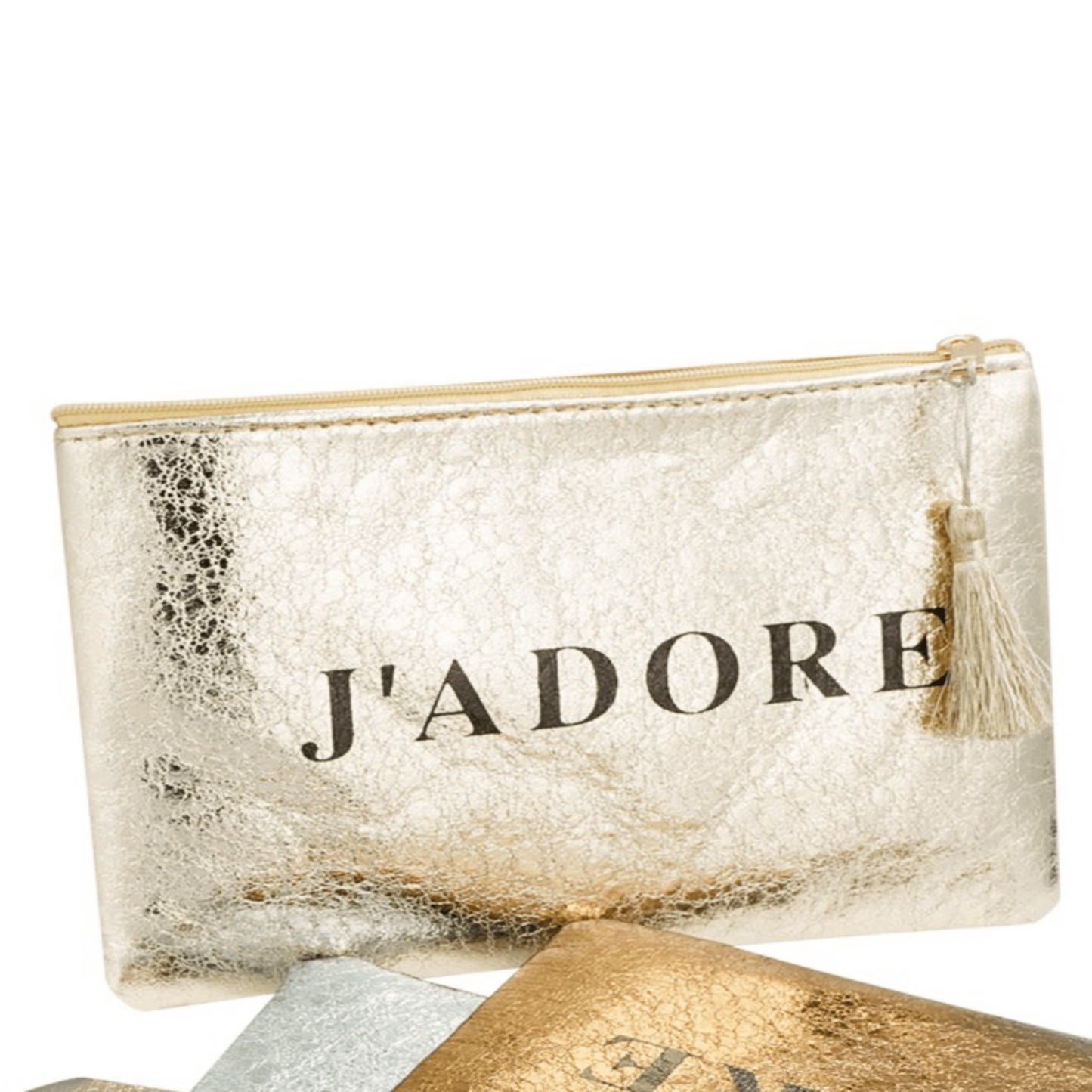 Glänzende Gold-Kosmetiktasche mit elegantem 'J'adore' Aufdruck, perfekt für Lippenstifte, Parfümflaschen und Beauty-Accessoires in der Handtasche oder als Handtäschchen.